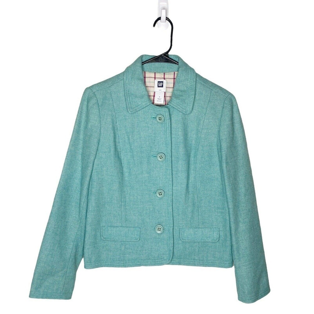GAP Womens Sz 6 Blue Lined Button Down Wool Blend Coat Jacket Blazer